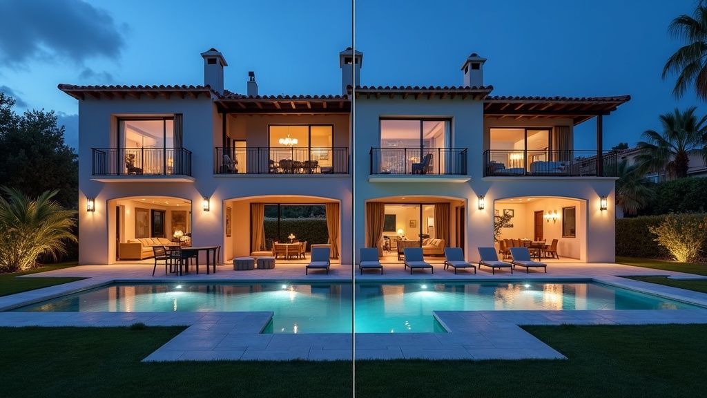 Side-by-side comparison of villas vs apartments in Costa del Sol showcasing architectural styles, interiors, and price differences.