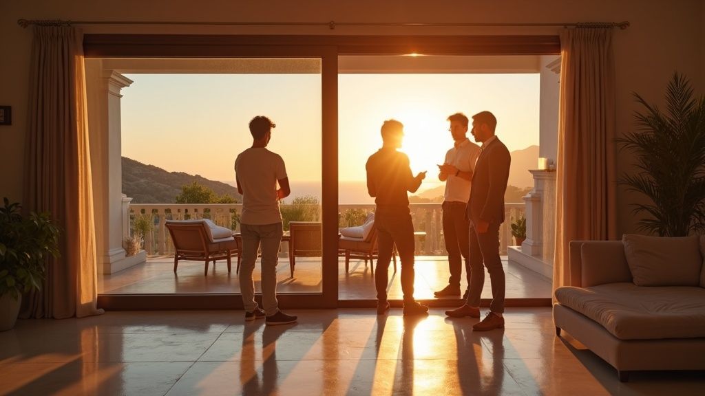 Real estate agent guides international buyers through an Andalusian luxury property, highlighting features in a sunset glow. Finance Property, Costa Del Sol.