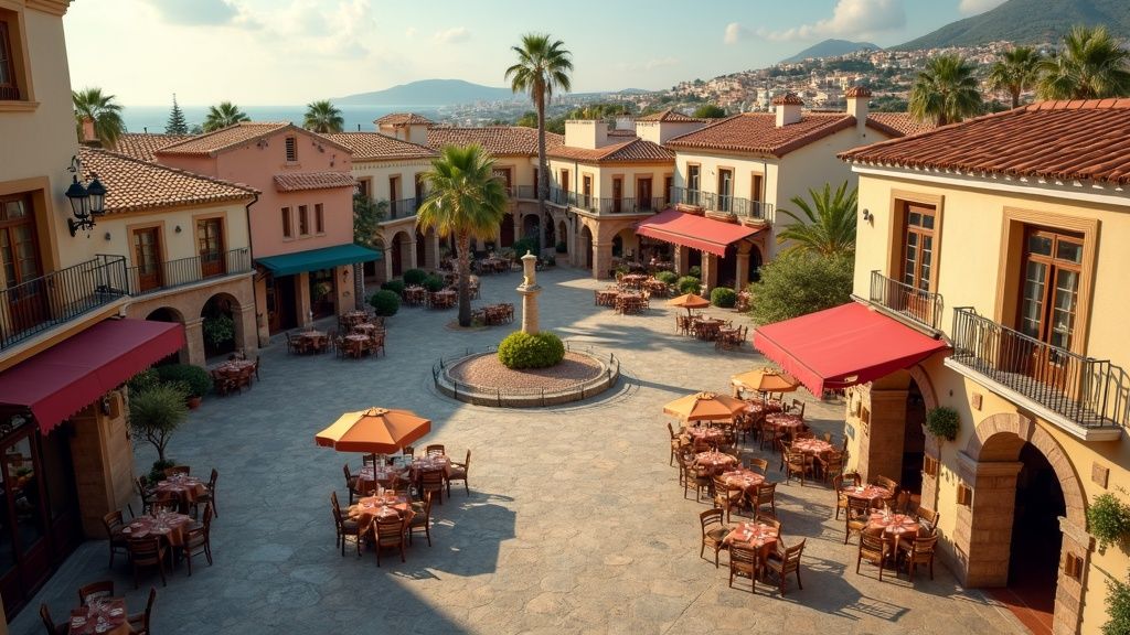 Charming Costa del Sol town plaza with traditional architecture, outdoor dining, and soft light, embodying middelhavsklima natur og hav i balanse.