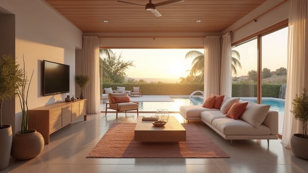 Eksklusive boligområder nybygg i naturskjønne omgivelser Costa del Sol: Luksuriøs stue med havutsikt og moderne design.