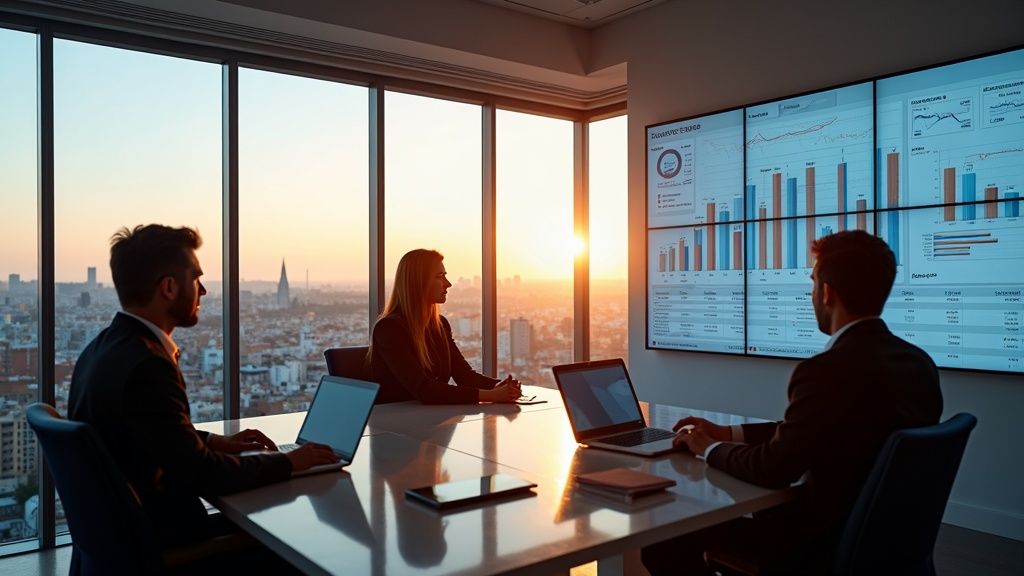 Málaga Costa del Sol Airport boosts Costa del Sol real estate 2025. Business pros analyze market data with skyline views.