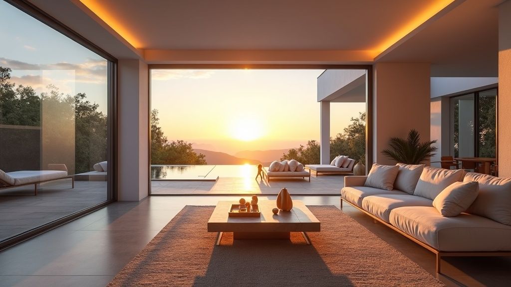 Sleek luxury living room with sunset light and terrace access, ideal for property investors near Málaga Airport considering if property near Málaga Airport is a good investment.
