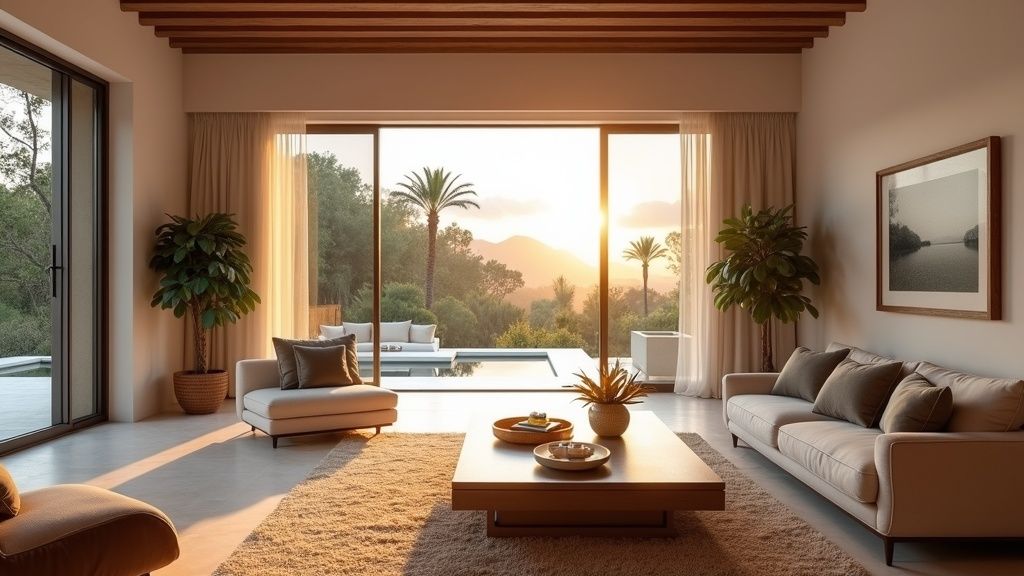 Luksusowy salon na Costa del Sol, naturalne światło. Odkryj wpływ powietrza morskiego na zdrowie w idealnym domu.