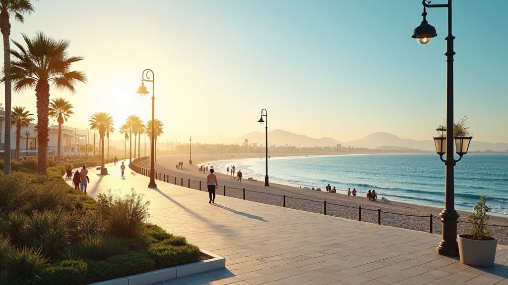 Zonnig mediterraan klimaat Costa del Sol levensgenieters genieten van strandpromenade met palmen en de zee in gouden ochtendlicht.