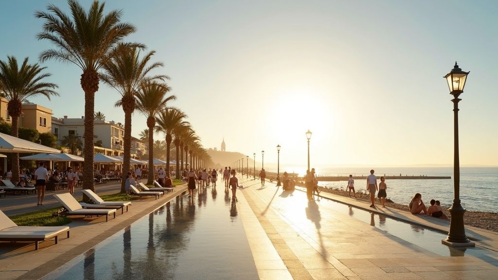 Costa del Sol: Gylne soltimer per år ved en livlig strandpromenade med palmer og Middelhavet.