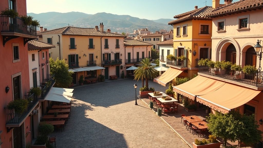 Sol og helse Costa del Sol: Sjarmerende spansk plaza, uterestauranter, varmt ettermiddagslys.