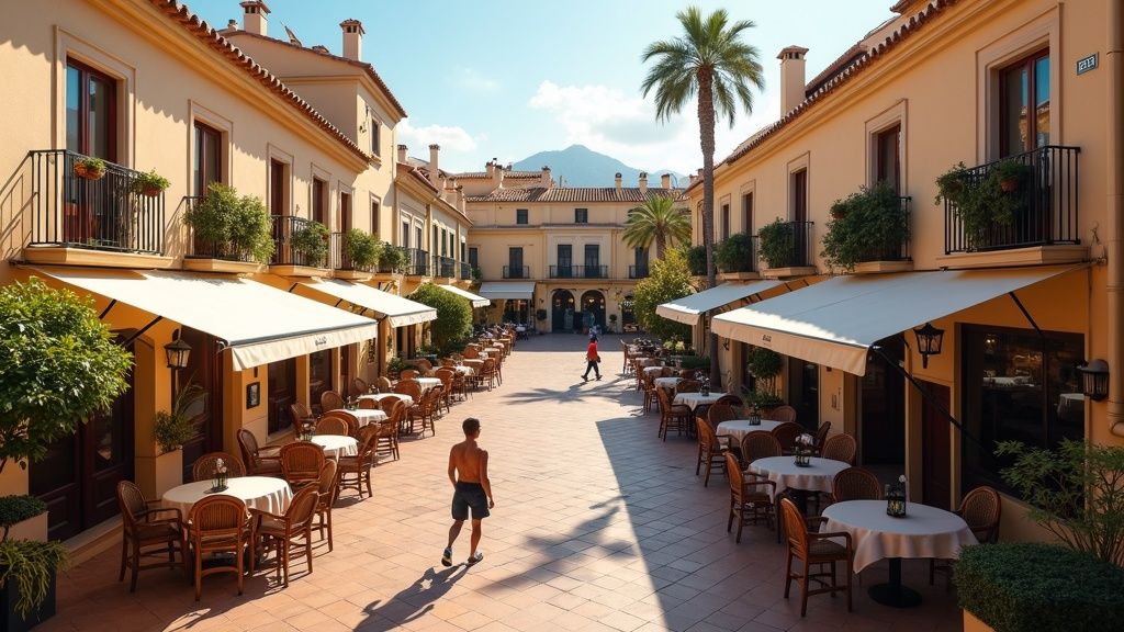 Costa del Solin viehättävä aukio ilta-auringossa – turvallinen sijoitus, arvon nousu ja tuotto, energiatehokkaat kodit lifestyle-unelmiin.