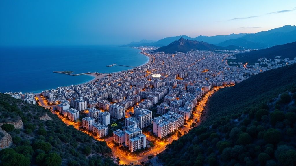 Luxurious holidays in Costa del Sol: Aerial view of coastal town, beaches, mountains at dusk, inspiring lifestyle.