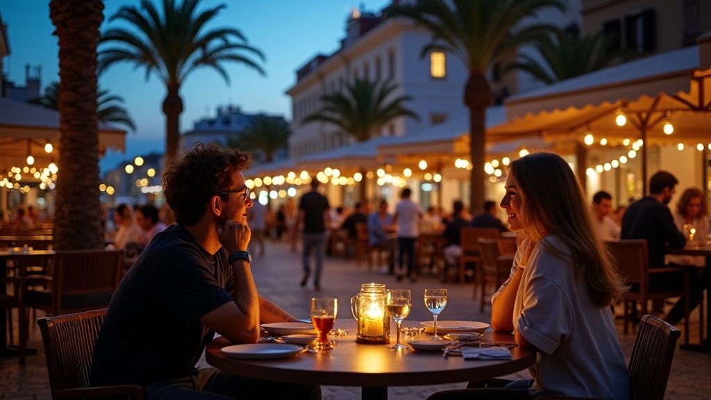 International expats enjoying café culture at dusk in an authentic Costa del Sol vacation scene, showcasing lifestyle.