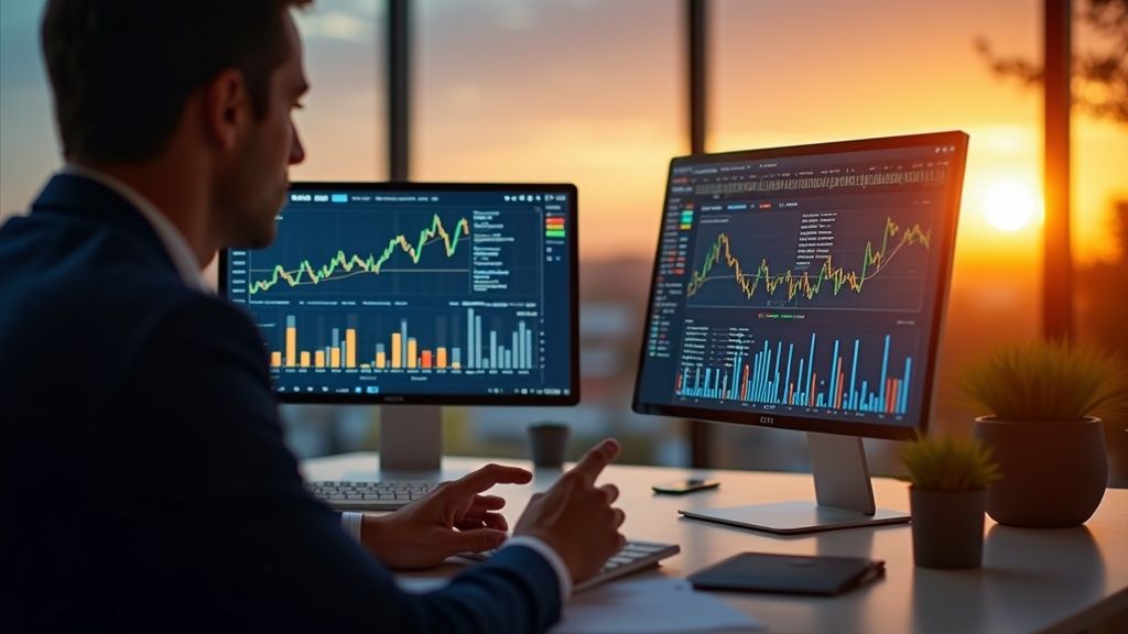 Investment analysis for Costa del Sol luxury villas: consultant reviews ROI charts in modern office with sunset glow.