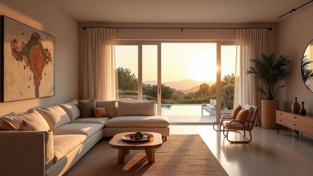 Luksuriøs stue med spansk design og solnedgang, perfekt for detox og avslapning Costa del Sol ferie.