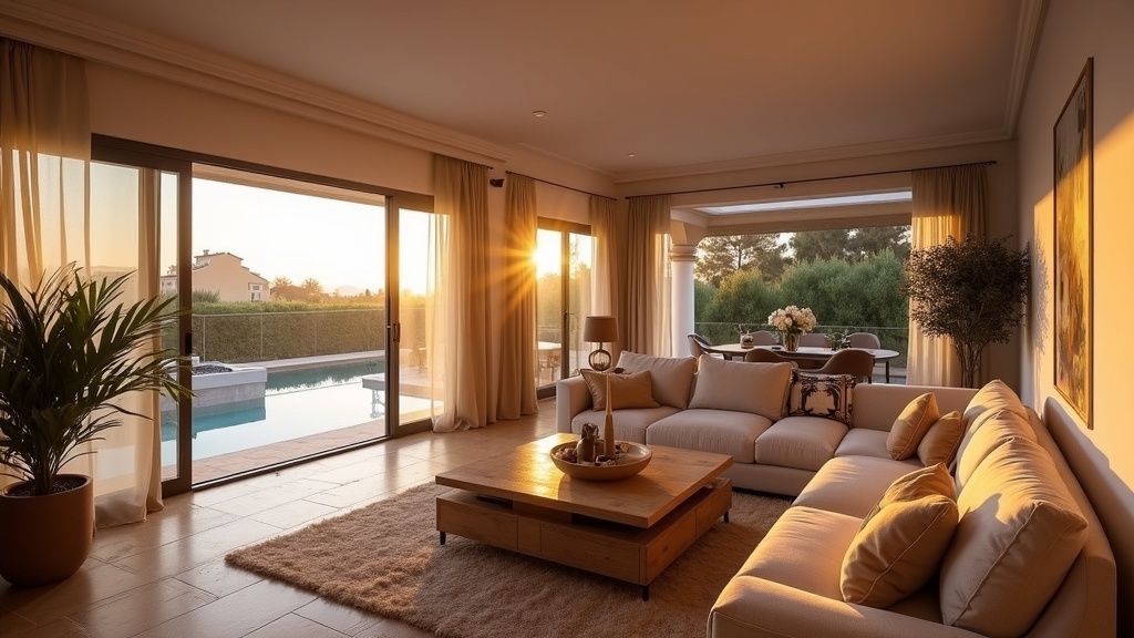 Intérieur luxueux Costa del Sol: salon baigné de soleil, finitions haut de gamme, idéal pour un mode de vie sain et activités extérieures.
