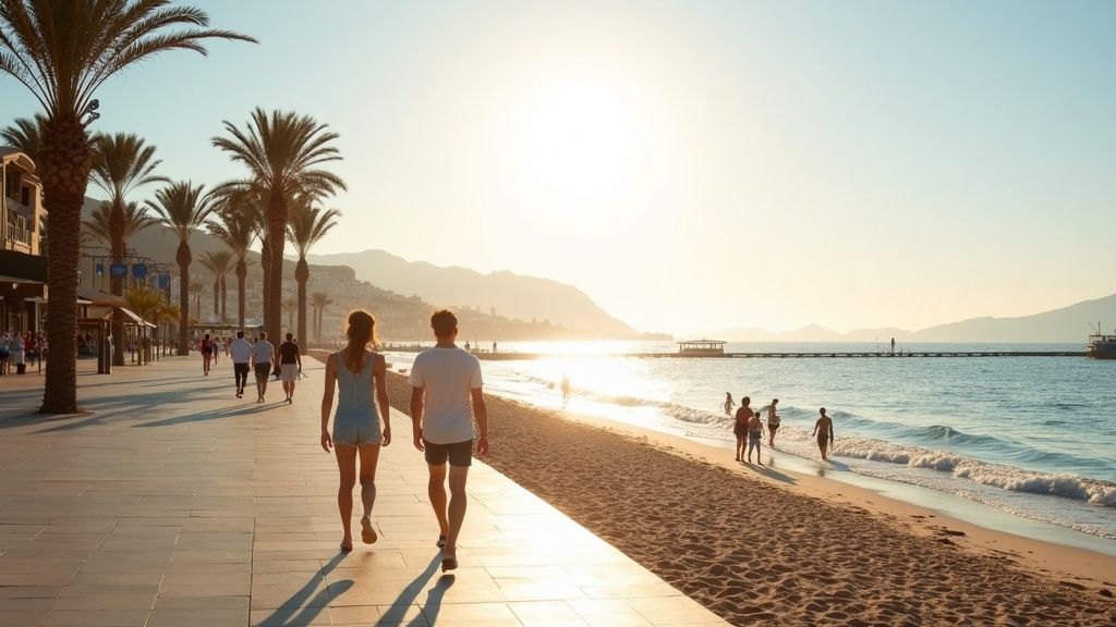 Stunning beach promenade in Costa del Sol, showcasing a vibrant lifestyle and ideal luxury villa locations Costa del Sol.