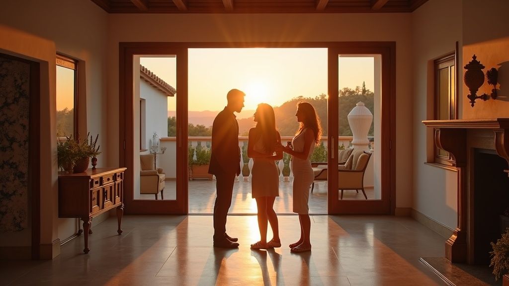 Real estate agent shows an Andalusian luxury villa in Costa del Sol as clients explore features during a sunset property viewing.