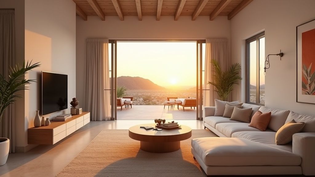 Luxe interieur met zonsondergang, uitnodigend na **outdoor natuur Costa del Sol, kustwandelroutes Costa del Sol** avonturen.
