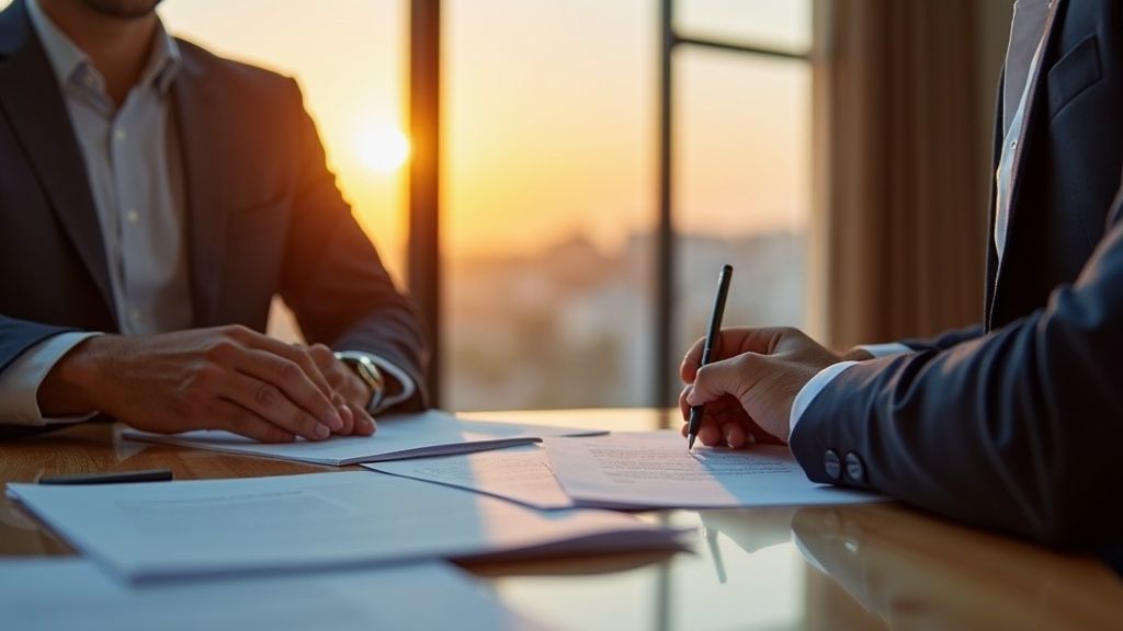 Consultation professionnelle pour acheter un bien immobilier Costa del Sol : avocat et clients examinent documents légaux.