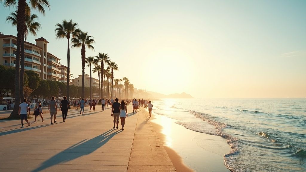 Climat doux toute l'année, activités plein air Costa del Sol: promenade en bord de mer, palmiers, et mer Méditerranée au soleil levant.