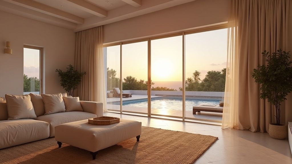 Luxueux salon andalou baigné de soleil au coucher, idéal pour passer l'hiver sur la Costa del Sol. Vue sur activités et investissement immobilier.