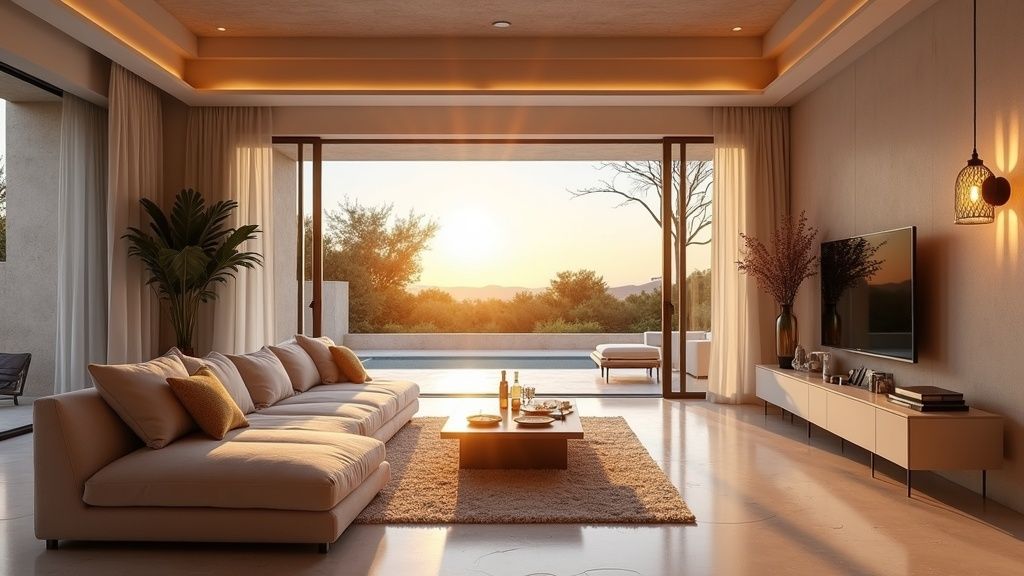 Luxe interieur Costa del Sol met zonsonderganglicht; schone zeelucht Spanje welzijn kustbewoners. Geniet van design en comfort.