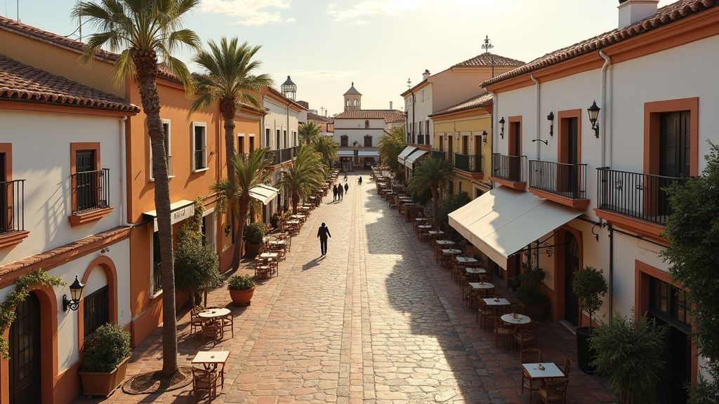 Aerial view of a charming Spanish plaza in Costa del Sol, showing the berg och hav kombination livskvalitet with outdoor dining, bathed in soft afternoon light.