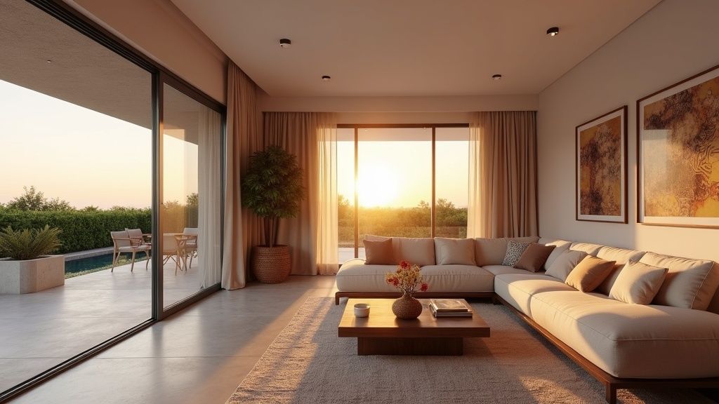 Luxus Neubau Costa del Sol Meerblick: Geräumiges Wohnzimmer mit Meerblick-Terrasse, edlen Oberflächen & andalusischem Flair.