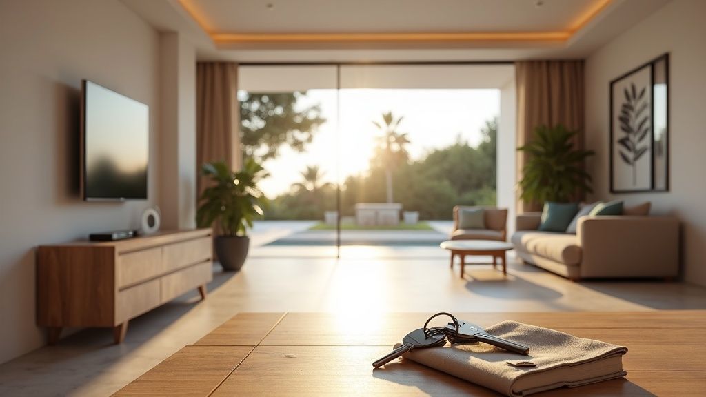 Modern luxury Costa del Sol home, keys on table. Find your perfect fit with luxe wellnessresorts Spanje.