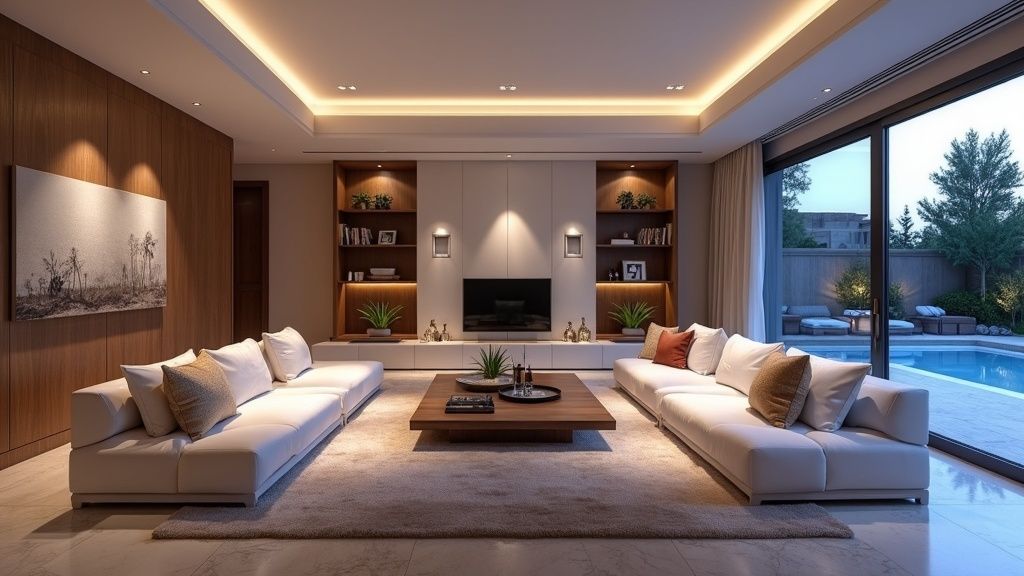 Sammenligne sommer vinter Costa del Sol: Luksuriøs stue med kveldslys, perfekt for komfortabelt opphold uansett værforskjeller.