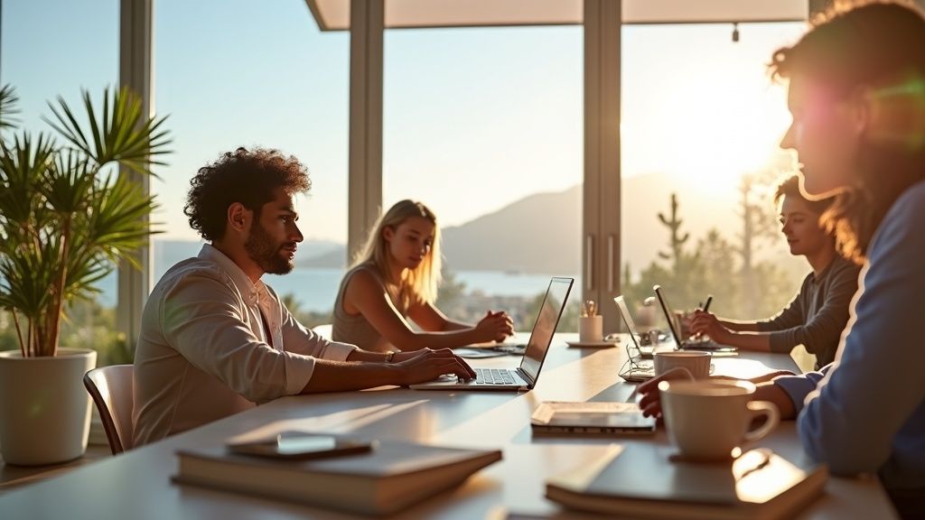 Young  costa del sol digital nomad working in bright, modern coworking space with Mediterranean views, inspiring remote lifestyle.