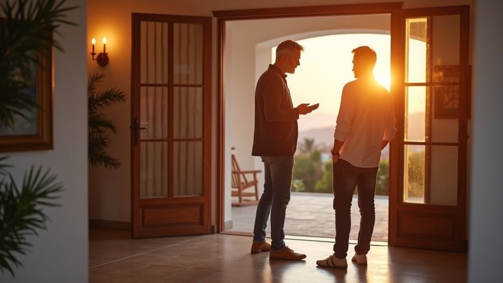 International buyers view luxury Andalusian property with agent, exploring features for the best places to live Costa del Sol.