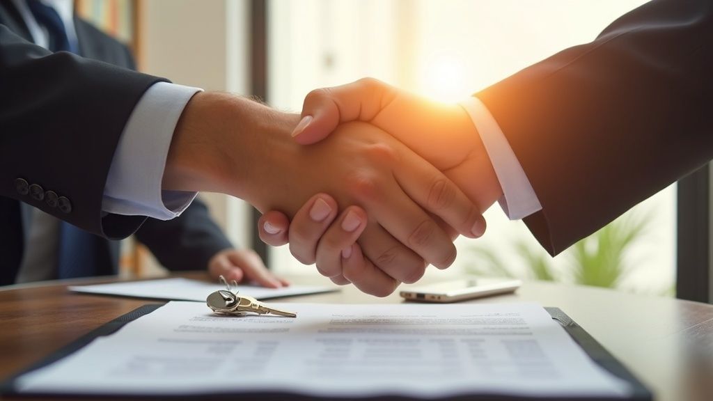 Investieren an der Costa del Sol: Handschlag besiegelt Neubau-Immobilien Spanien Kaufvertrag mit Schlüsselübergabe.