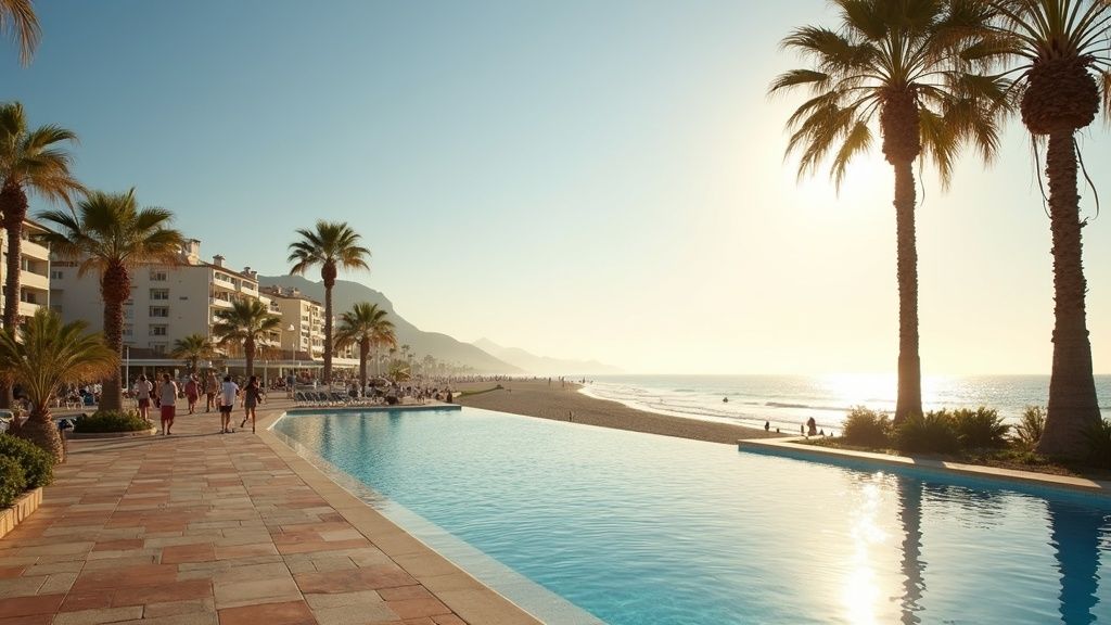 Zonnige kustplaatsen met zeezicht en bergen Costa del Sol: promenade, palmbomen, wandelende mensen aan de Middellandse Zee.