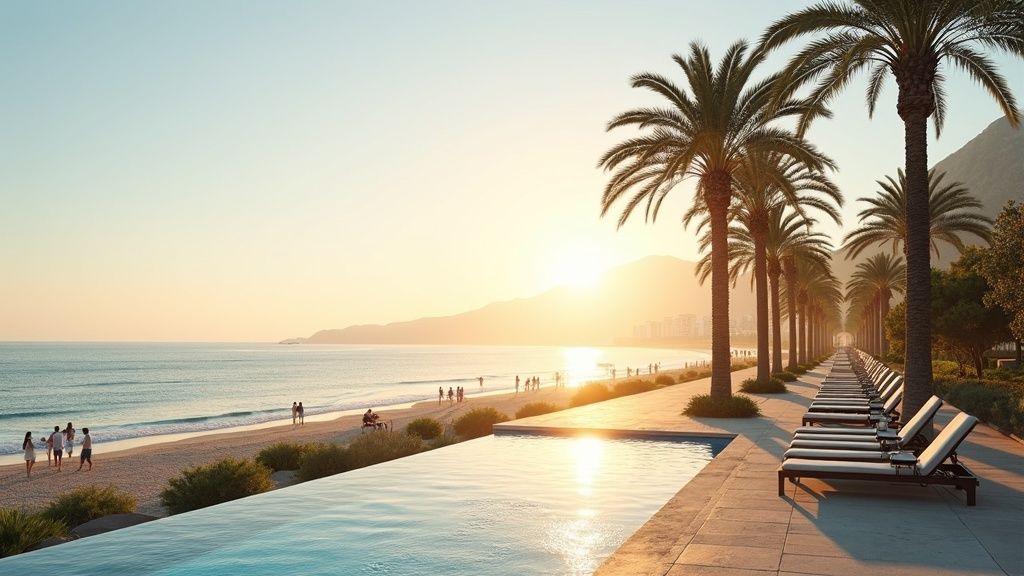 Miasta z widokiem na morze i góry Costa del Sol: Poranny spacer po palmowej promenadzie, słońce i śródziemnomorski styl życia.