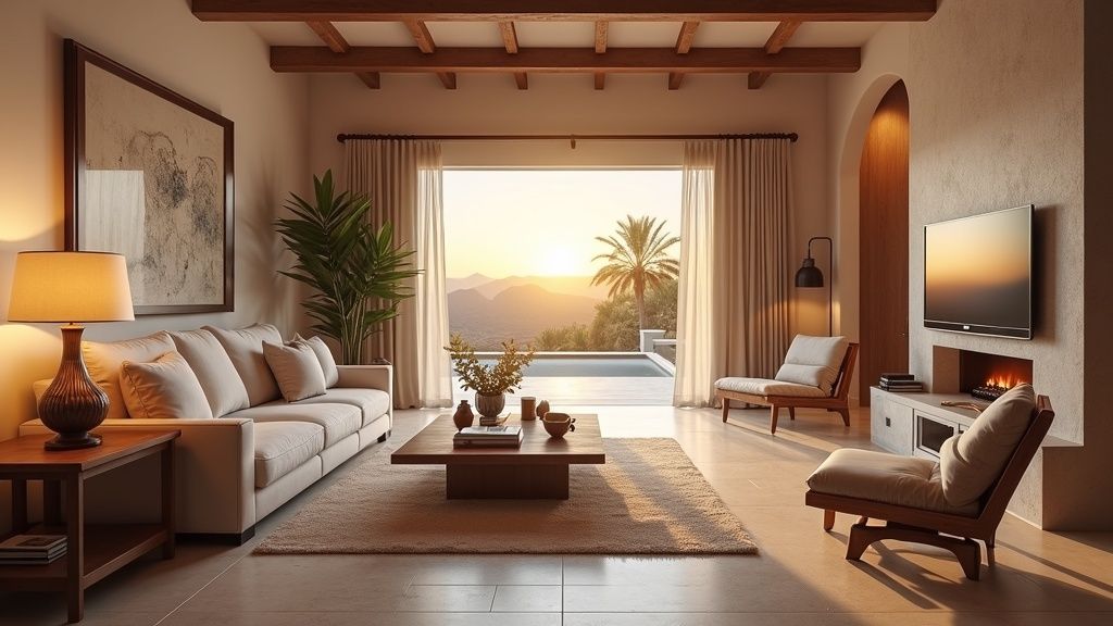 Luksusowe apartamenty Costa del Sol z widokiem: Przestronny salon z dostępem do tarasu, zachód słońca.