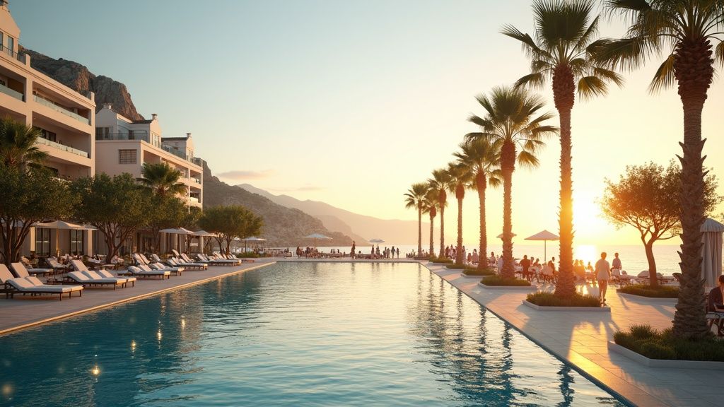 Golden morning light illuminates a vibrant beach promenade with palm trees and people enjoying the Meerblick und Bergblick Costa del Sol.
