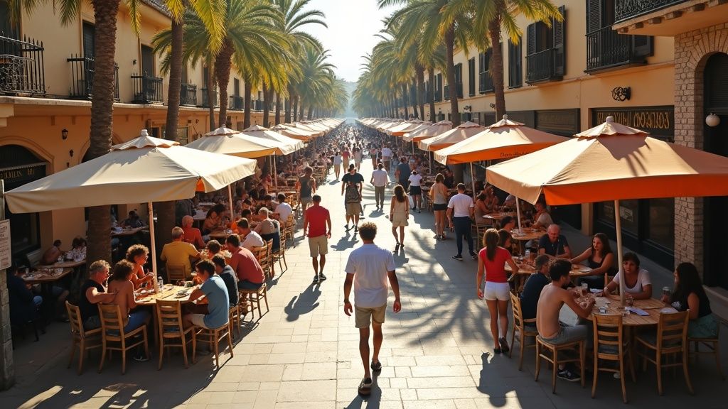300 Sonnentage Meer & Berge: Expats genießen lebhaftes spanisches Leben auf einem Marktplatz unter Palmen in der Costa del Sol.
