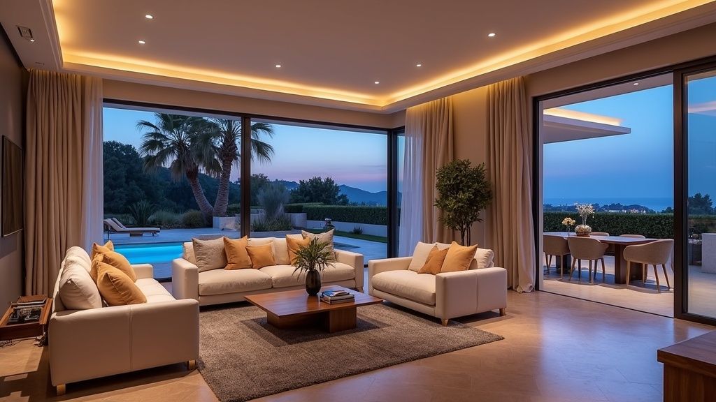 Geräumiges spanisches Luxus-Wohnzimmer: wo kann man am Meer mit Bergblick wohnen Costa del Sol. Moderne Möbel, Terrassenzugang.