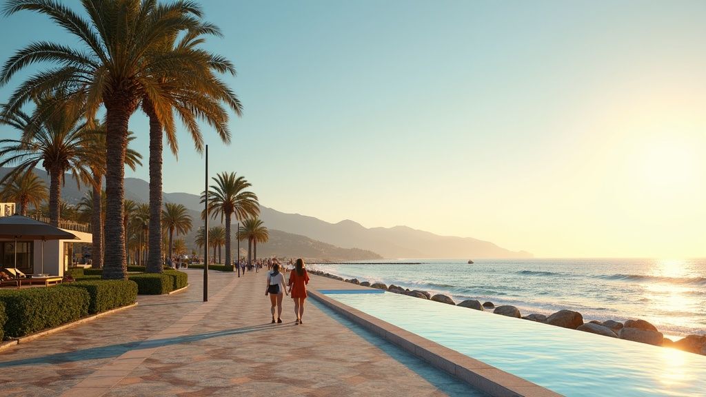 Kustleven op de Costa del Sol: ochtendwandeling langs strandboulevard met palmen en de Middellandse Zee. Verhoog uw levenskwaliteit Middellandse Zee Costa del Sol.