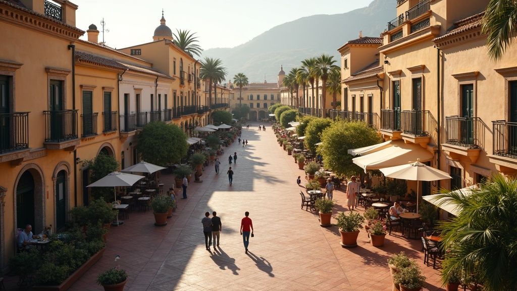 Livsglädje Costa del Sol: Charmigt torg, uteservering & medelhavsatmosfär. Perfekt för golfälskare och medelhavsdiet!