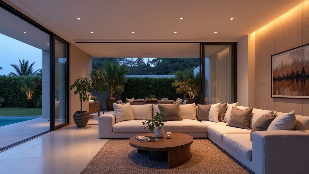 Exklusiva bostäder havsutsikt Costa del Sol: Rymligt vardagsrum med modern inredning, terrass för att jämföra lyx i Spanien.