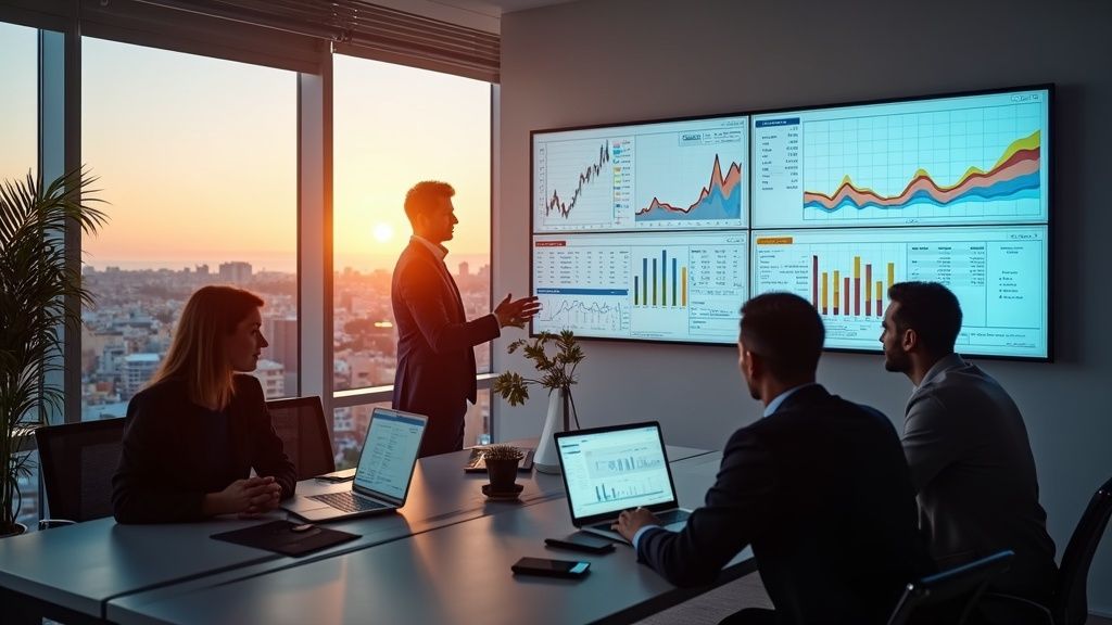 Costa del Sol property market trends: Analysts review data in a modern office with skyline views, embodying luxury lifestyle investment.