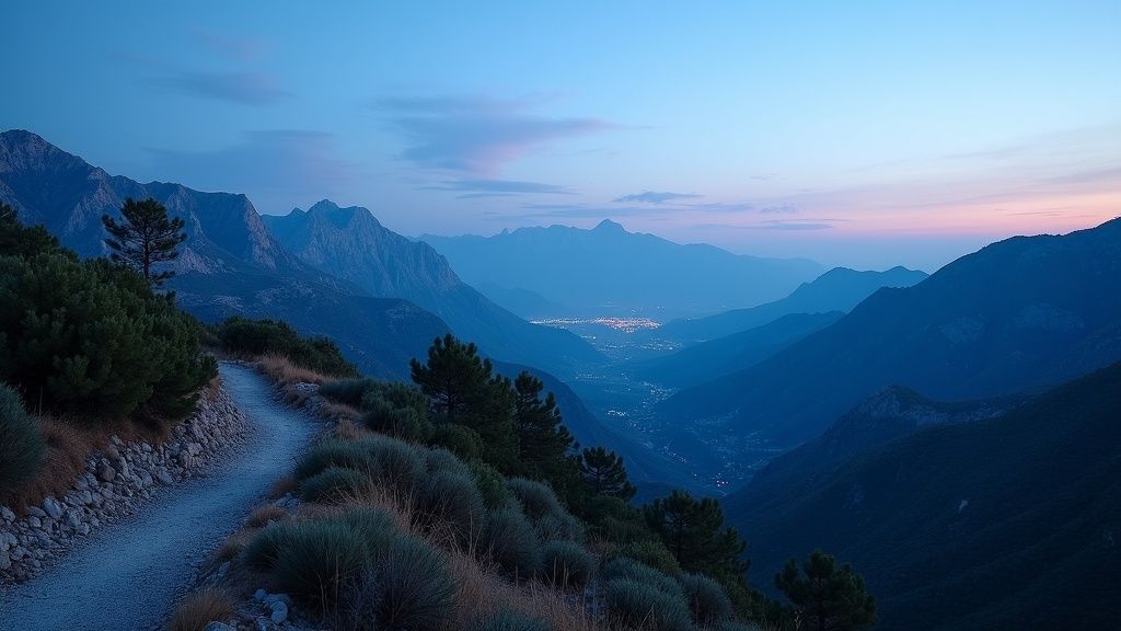 undefined: Sierra Blanca mountains at blue hour, inspiring Costa del Sol lifestyle, hiking trails and nature.