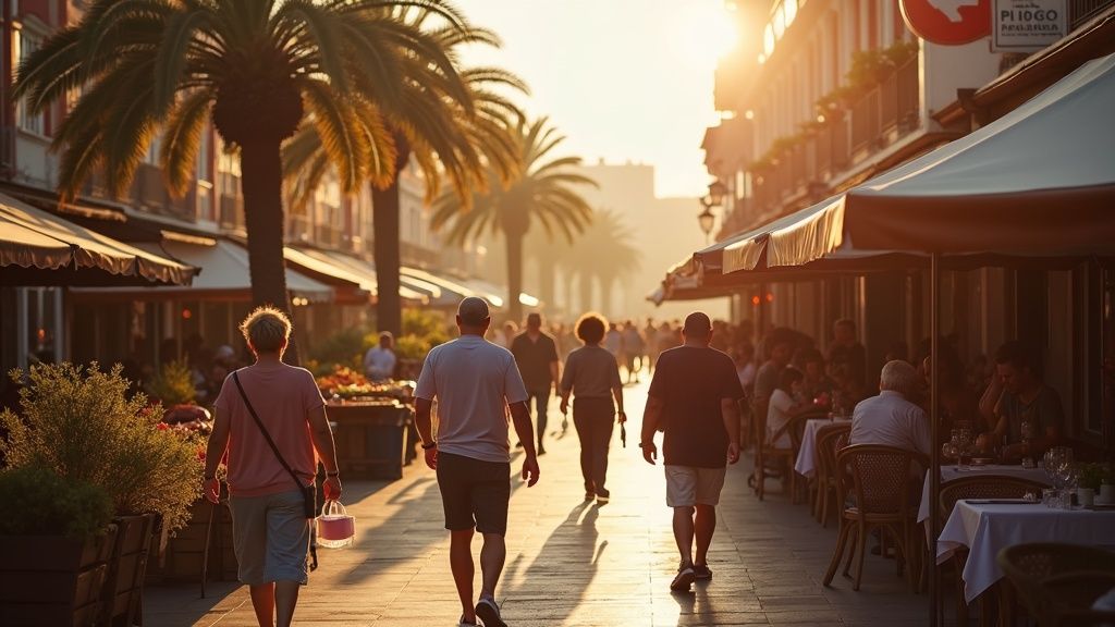 Expats enjoying a vibrant Costa del Sol bon vivant lifestyle at a sunny outdoor market, embracing local culture.