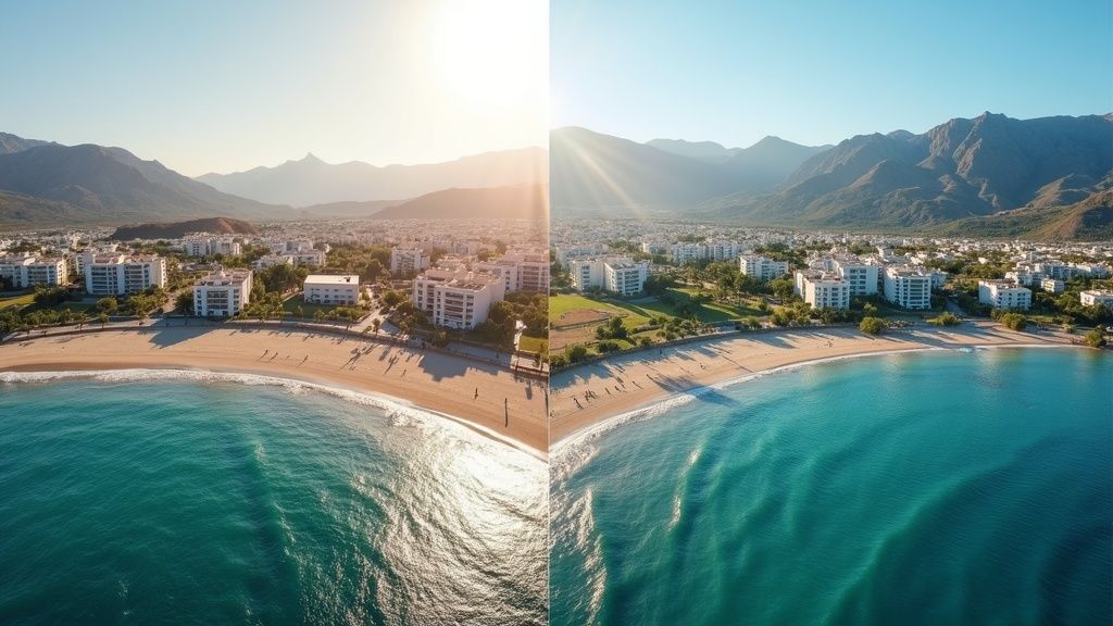 Costa del Sol outdoor living: vibrant beach town vs. serene mountain village, inspiring lifestyles.