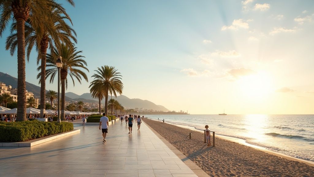 Sonnenstunden Costa del Sol: Goldener Morgen am Strand, Menschen genießen mediterranen Lifestyle unter Palmen.