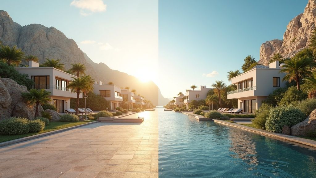 Side-by-side view highlighting diverse locations for authentic Costa del Sol holidays: vibrant coastal village & peaceful mountain town.