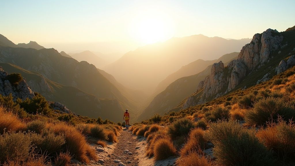Golden hour light on Sierra Blanca mountains, inspiring adventure to discover secret beaches Costa del Sol.