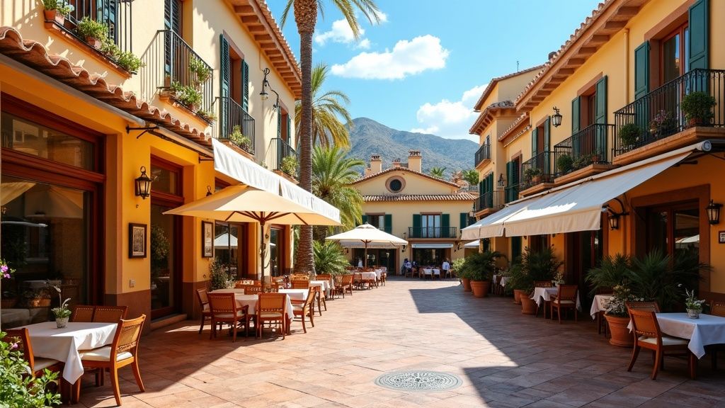 Charming Costa del Sol plaza, perfect for experiencing local festivals Andalusia. Enjoy traditional architecture and outdoor dining.