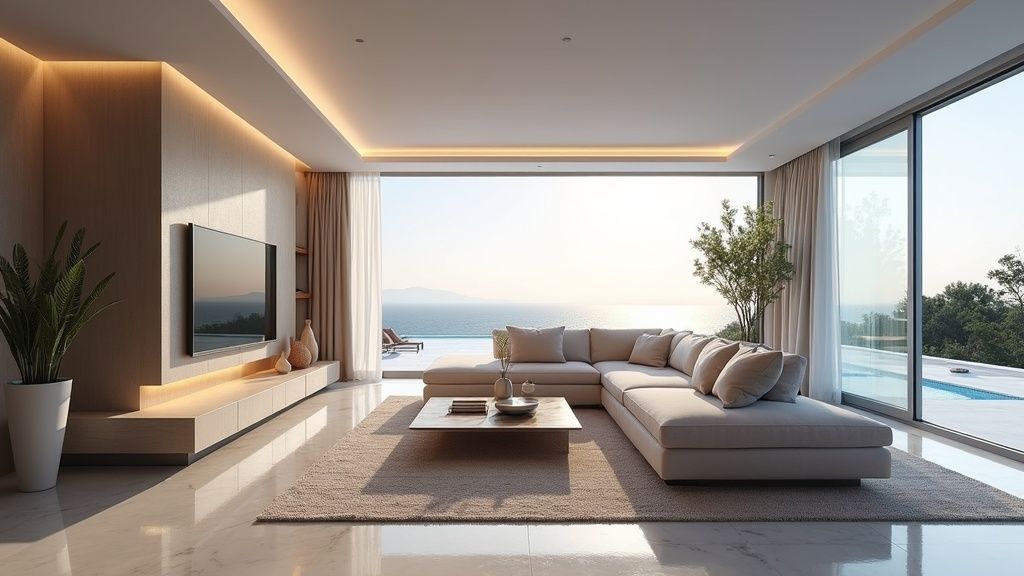 Luxury villa living room at sunrise, showcasing Mediterranean design for authentic Costa del Sol holidays.