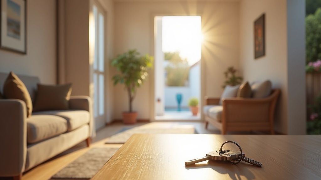 Ready-to-own luxury property with keys displayed in a welcoming hall, highlighting architectural details; plan authentic Costa del Sol trip.