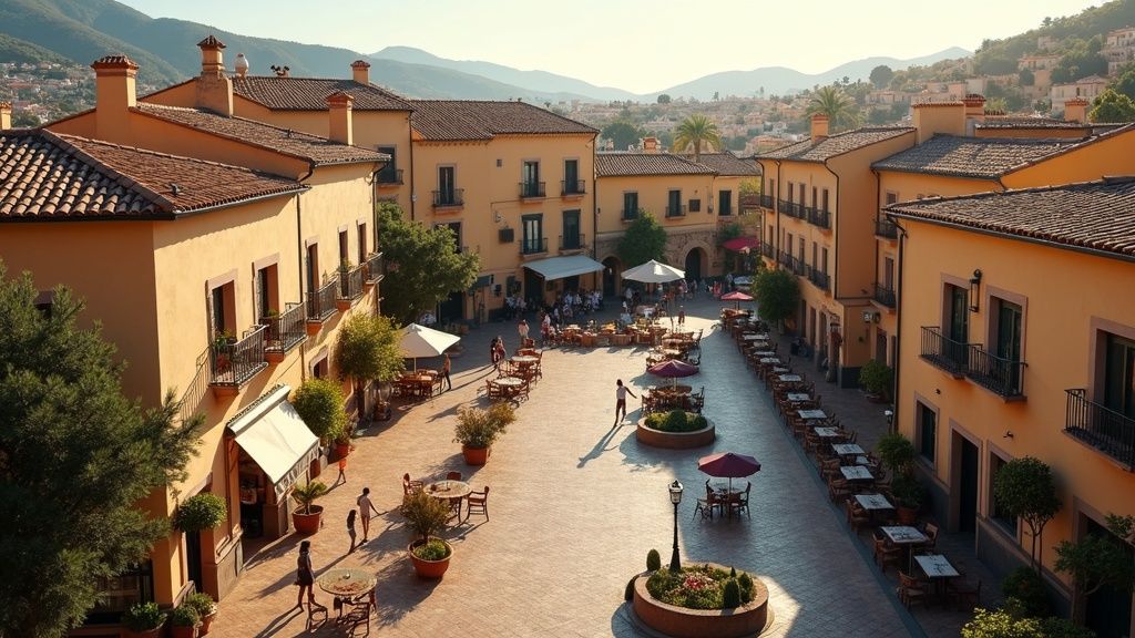Wandelen en fietsen Costa del Sol: Levendig Spaans stadscentrum met terrassen in zachte middagzon.